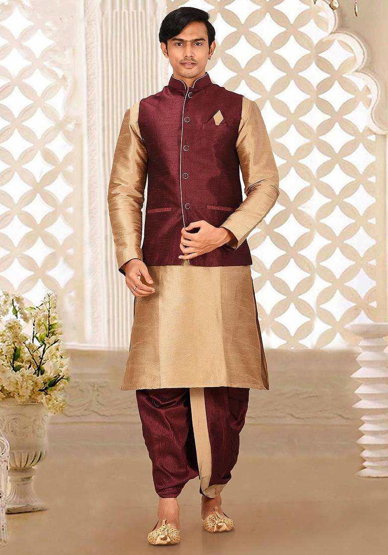 Chikoo dupon art silk kurta, jacket with matching dhoti