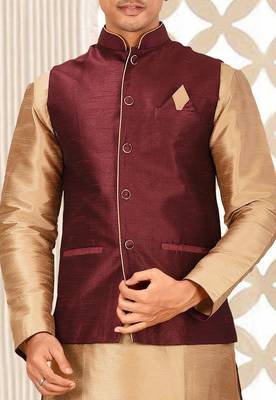 Chikoo dupon art silk kurta, jacket with matching dhoti 2