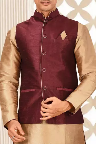 Chikoo dupon art silk kurta, jacket with matching dhoti