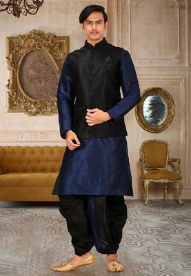 Navy blue dupon art silk kurta, jacket with matching dhoti 1