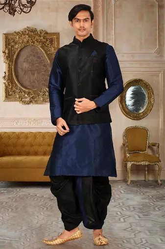 Navy blue dupon art silk kurta, jacket with matching dhoti