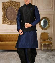 Navy blue dupon art silk kurta, jacket with matching dhoti