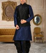 Navy blue dupon art silk kurta, jacket with matching dhoti