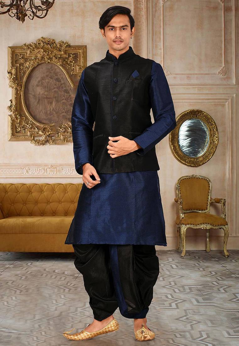 Navy blue dupon art silk kurta, jacket with matching dhoti