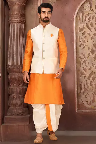 Mustard dupon art silk kurta, jacket with matching dhoti