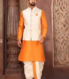 Mustard dupon art silk kurta, jacket with matching dhoti