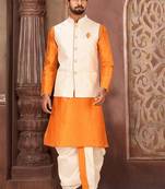 Mustard dupon art silk kurta, jacket with matching dhoti