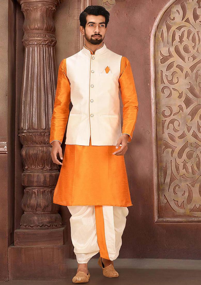 Mustard dupon art silk kurta, jacket with matching dhoti