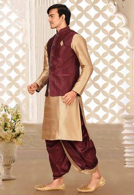 Chikoo dupon art silk kurta, jacket with matching dhoti 3