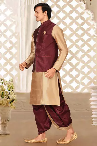 Chikoo dupon art silk kurta, jacket with matching dhoti