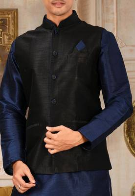 Navy blue dupon art silk kurta, jacket with matching dhoti 2