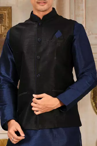 Navy blue dupon art silk kurta, jacket with matching dhoti