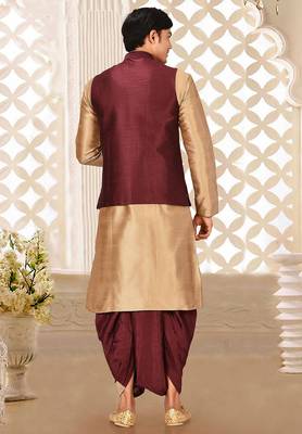 Chikoo dupon art silk kurta, jacket with matching dhoti 4