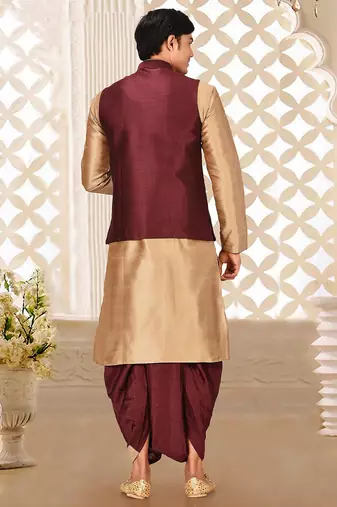 Chikoo dupon art silk kurta, jacket with matching dhoti