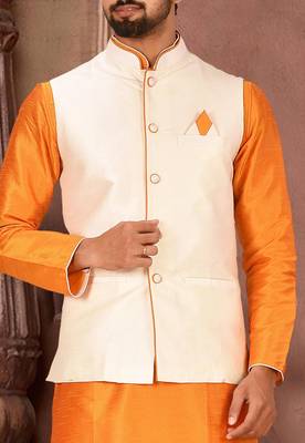 Mustard dupon art silk kurta, jacket with matching dhoti 2
