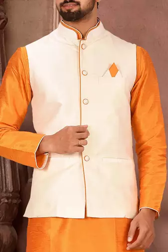 Mustard dupon art silk kurta, jacket with matching dhoti