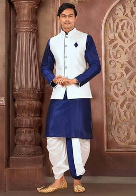 Royal blue dupon art silk kurta, jacket with matching dhoti 1