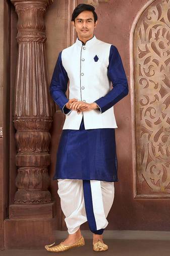 Royal blue dupon art silk kurta, jacket with matching dhoti