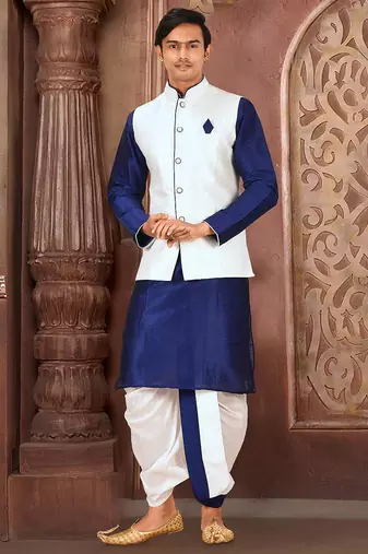 Royal blue dupon art silk kurta, jacket with matching dhoti