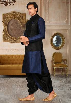 Navy blue dupon art silk kurta, jacket with matching dhoti 3