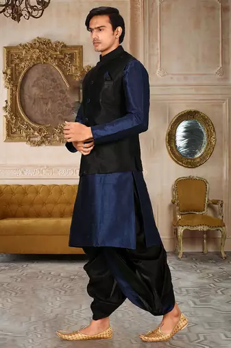 Navy blue dupon art silk kurta, jacket with matching dhoti