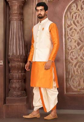 Mustard dupon art silk kurta, jacket with matching dhoti 3