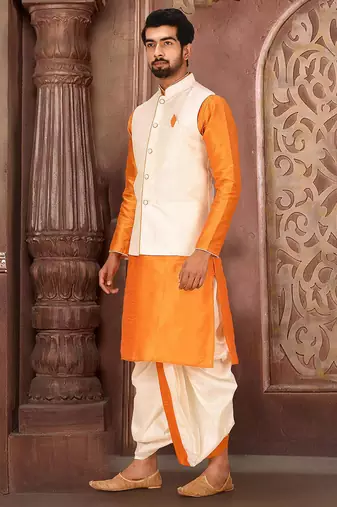 Mustard dupon art silk kurta, jacket with matching dhoti