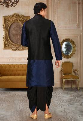 Navy blue dupon art silk kurta, jacket with matching dhoti 4