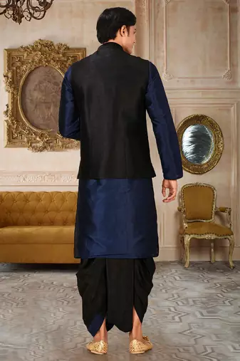Navy blue dupon art silk kurta, jacket with matching dhoti