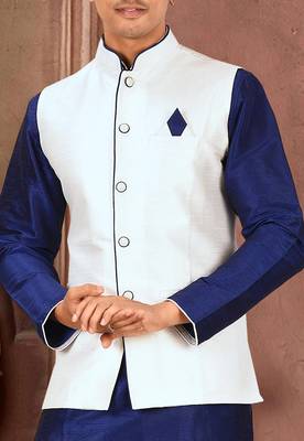 Royal blue dupon art silk kurta, jacket with matching dhoti 2