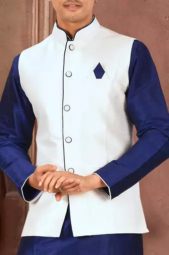 Royal blue dupon art silk kurta, jacket with matching dhoti