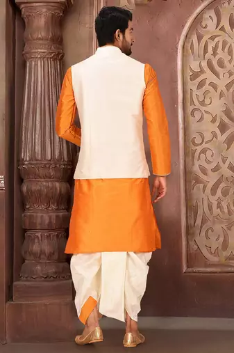 Mustard dupon art silk kurta, jacket with matching dhoti