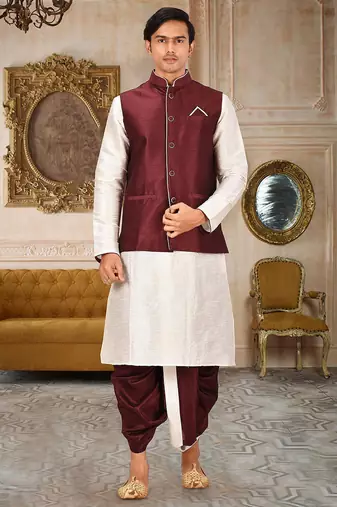 Cream dupon art silk kurta, jacket with matching dhoti