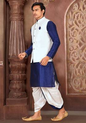 Royal blue dupon art silk kurta, jacket with matching dhoti 3