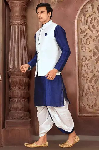 Royal blue dupon art silk kurta, jacket with matching dhoti