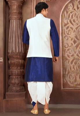 Royal blue dupon art silk kurta, jacket with matching dhoti 4