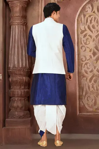 Royal blue dupon art silk kurta, jacket with matching dhoti