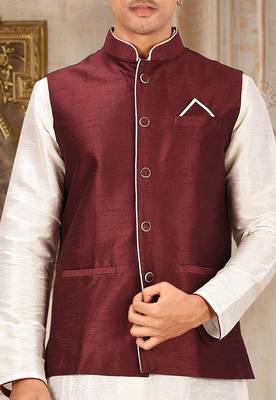 Cream dupon art silk kurta, jacket with matching dhoti 2
