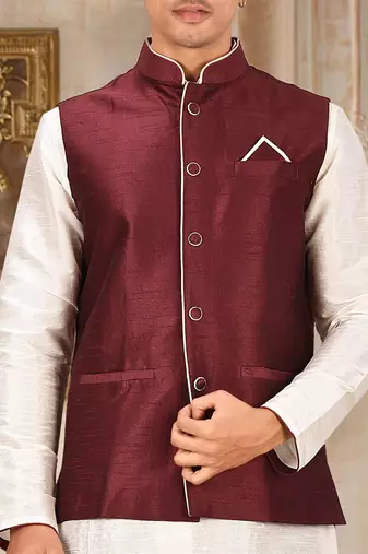 Cream dupon art silk kurta, jacket with matching dhoti