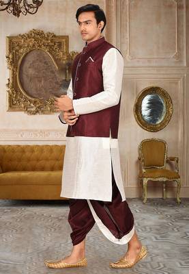 Cream dupon art silk kurta, jacket with matching dhoti 3