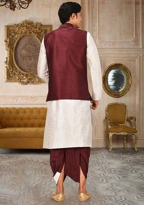 Cream dupon art silk kurta, jacket with matching dhoti 4