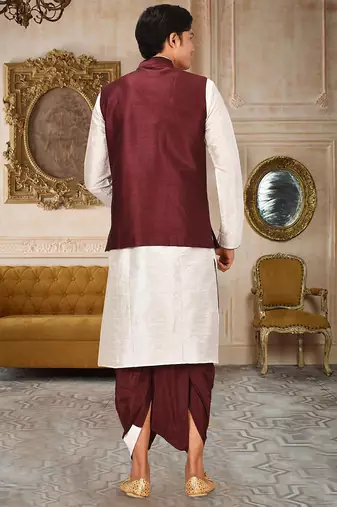 Cream dupon art silk kurta, jacket with matching dhoti