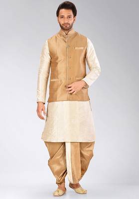 Deep cream dupon art silk kurta, jacket with matching dhoti 1