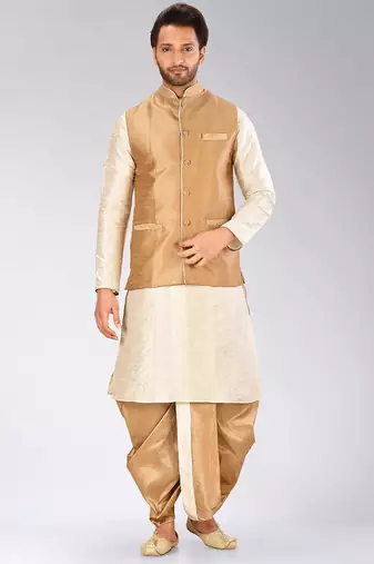 Deep cream dupon art silk kurta, jacket with matching dhoti