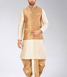 Deep cream dupon art silk kurta, jacket with matching dhoti