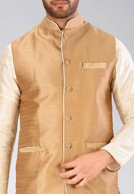 Deep cream dupon art silk kurta, jacket with matching dhoti 2