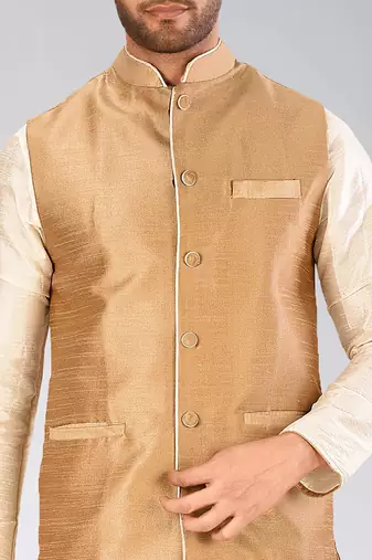Deep cream dupon art silk kurta, jacket with matching dhoti