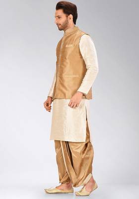 Deep cream dupon art silk kurta, jacket with matching dhoti 3