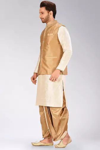 Deep cream dupon art silk kurta, jacket with matching dhoti