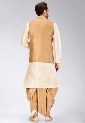 Deep cream dupon art silk kurta, jacket with matching dhoti 4